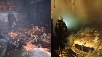 Rumah, kereta, van, motosikal terbakar