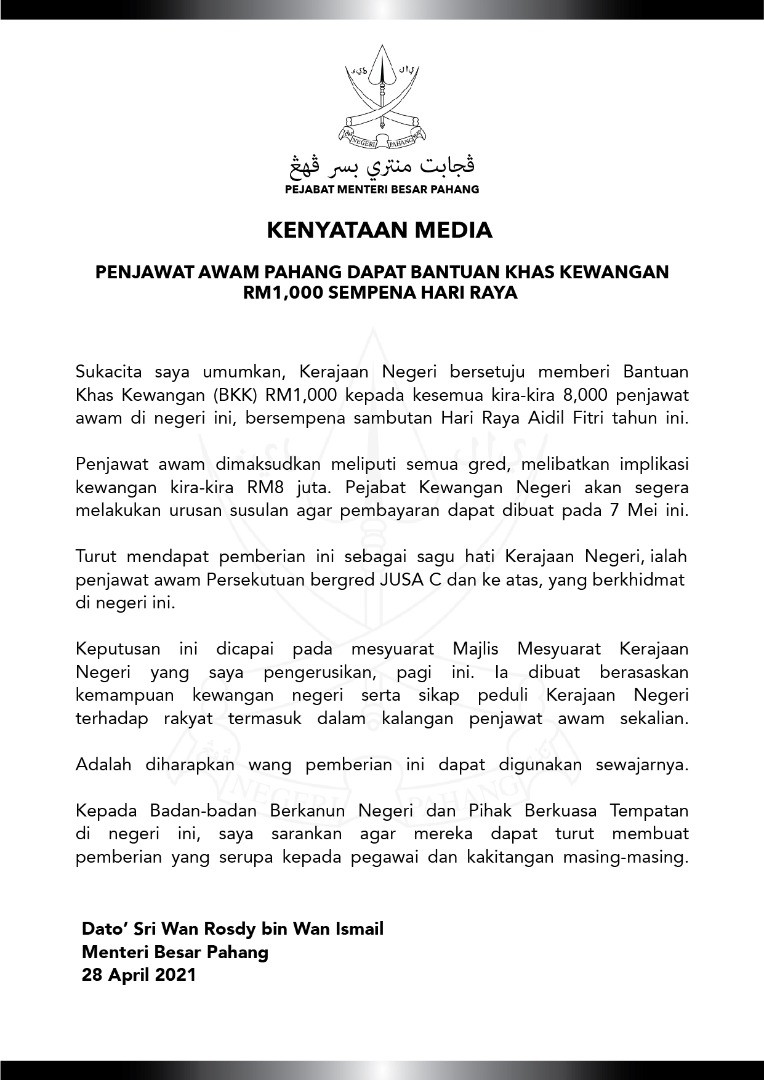 Kenyataan Media Bonus Aidilfitri Pahang