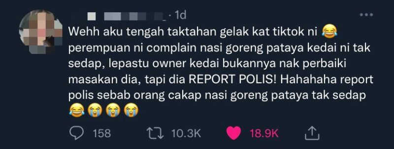 Wanita merungut di TikTok nasi goreng tak sedap