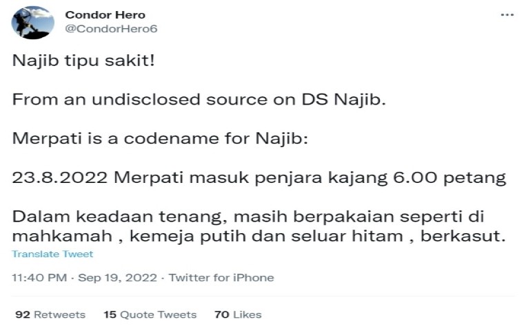 Fitnah Terbaru Ke Atas DS Najib Dari Netizen Yang Menggunakan Nama Condor Hero