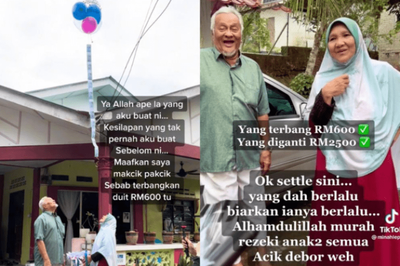 Anak kirim hadiah, mak ayah kelu perancang kejutan terbangkan belon dengan wang