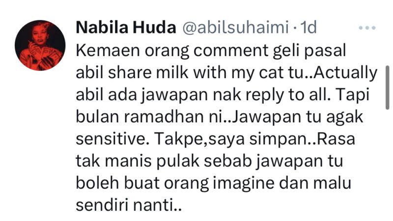 Nabila Huda Nak Balas Isu Kongsi Minum Susu Dengan Kucing