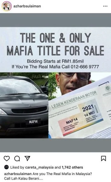 Azhar Sulaiman Nak Jual Nombor Pendaftaran MAF 14, Buka Bidaan Bermula RM1.85 Juta