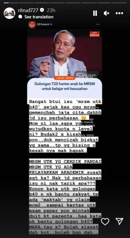 Rita Rudaini Selar Ibu Bapa T20 Hantar Anak Ke MRSM Untuk Belajar Hidup Susah