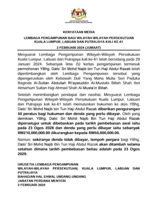 Mantan Ketua Hakim Negara Bangkitkan Beberapa Persoalan Mengenai Surat Pengampunan DS Najib (3)