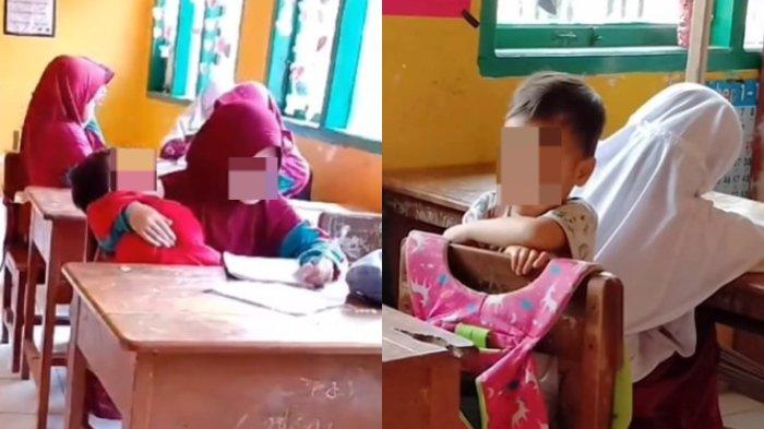 Murid perempuan kendong adik ke sekolah